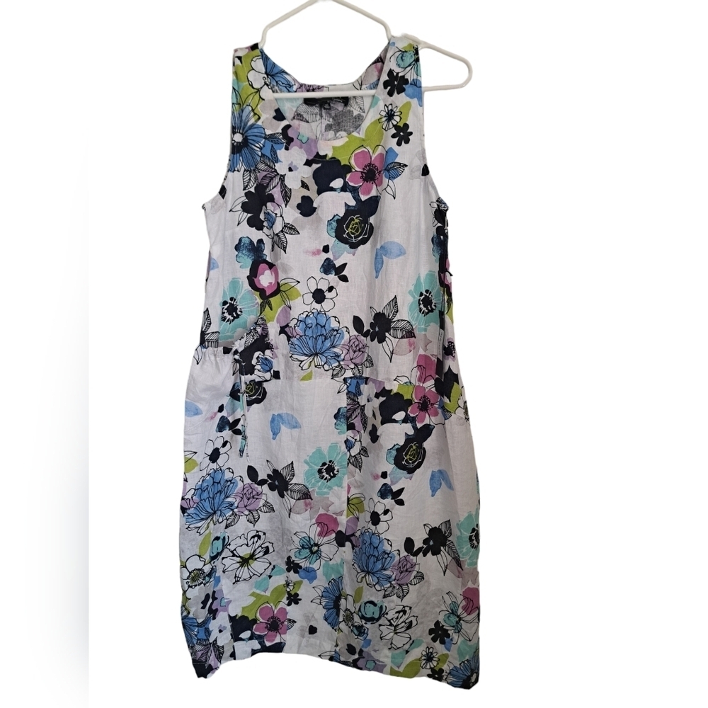 HABITAT CLOTHES LIV Linen French Floral sleeveless sundress pockets coastal XS